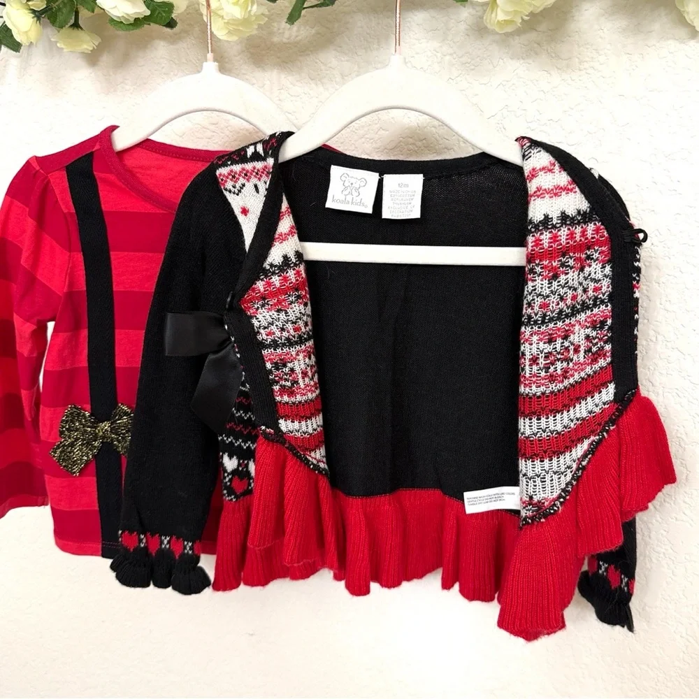 Koala Kids • Girls 2 Pc Fair Isle Sweater Cardigan & Bow Top Holiday Se